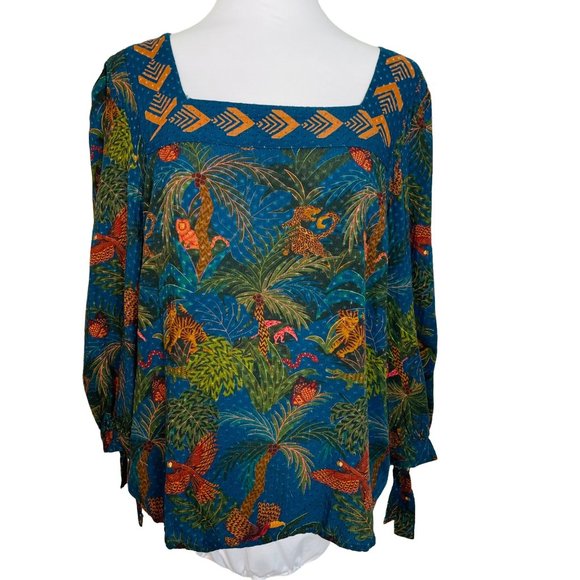 Farm Rio Blue Bianca Blouse Tropical Size Small - Picture 2 of 11
